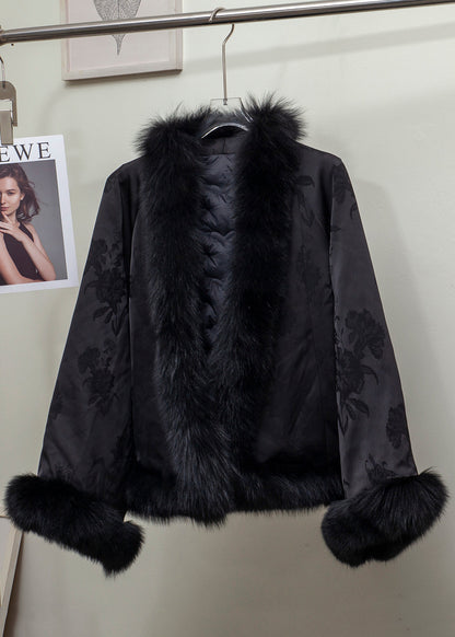 Vintage Black Jacquard Patchwork Fox Fur Duck Down Coat Winter