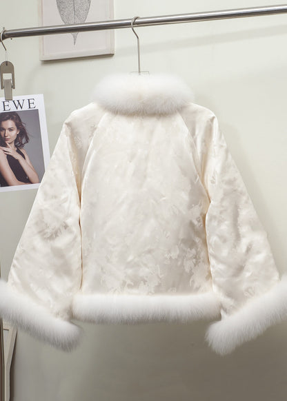 Vintage Black Jacquard Patchwork Fox Fur Duck Down Coat Winter