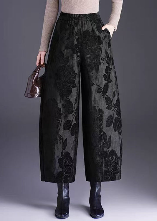 Vintage Black Jacquard Pockets High Waist Wide Leg Crop Pants Fall