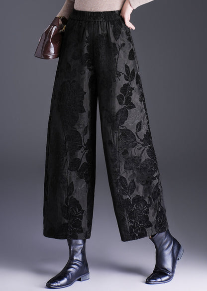 Vintage Black Jacquard Pockets High Waist Wide Leg Crop Pants Fall