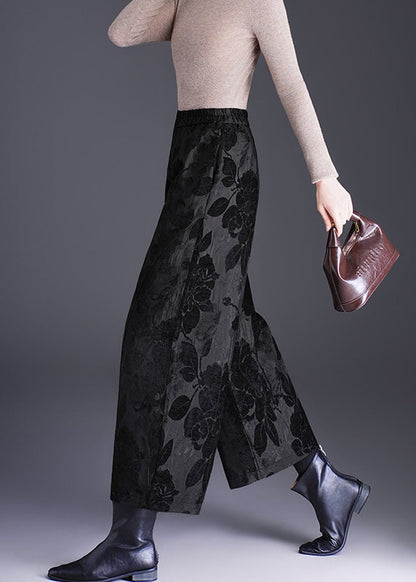 Vintage Black Jacquard Pockets High Waist Wide Leg Crop Pants Fall