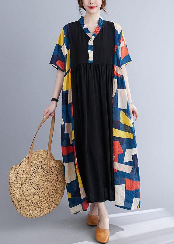 Vintage Black Loose Ruffles Pockets Patchwork Summer Dress Half Sleeve - SooLinen