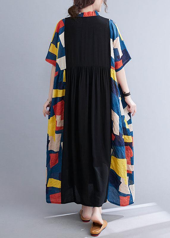 Vintage Black Loose Ruffles Pockets Patchwork Summer Dress Half Sleeve - SooLinen