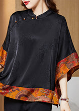 Load image into Gallery viewer, Vintage Black Mandarin Collar Asymmetrical Patchwork Jacquard Silk Shirts Batwing Sleeve