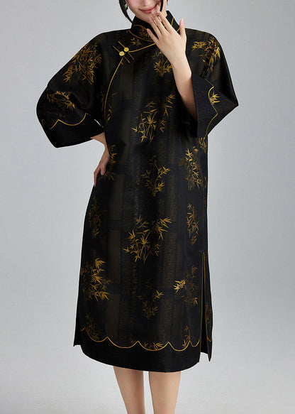 Vintage Black Mandarin Collar Print Silk Dresses Summer