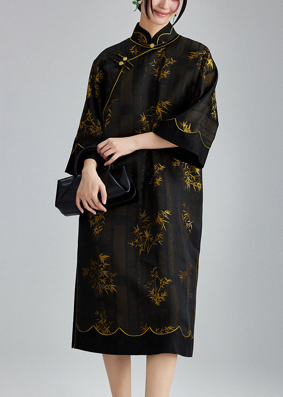 Vintage Black Mandarin Collar Print Silk Dresses Summer