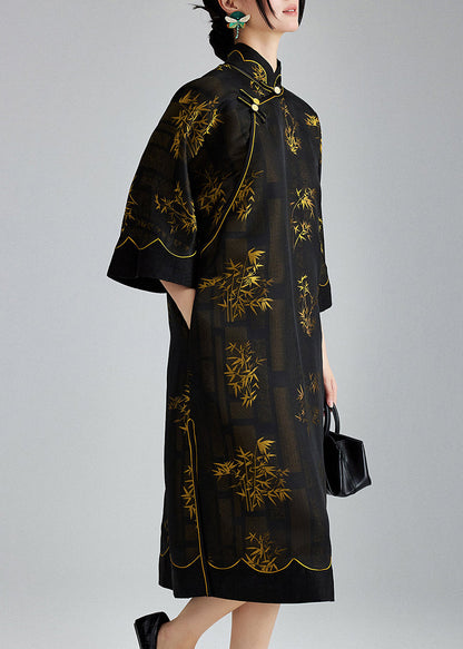 Vintage Black Mandarin Collar Print Silk Dresses Summer