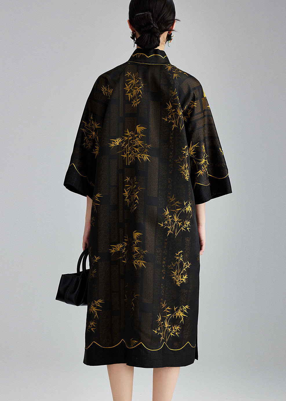 Vintage Black Mandarin Collar Print Silk Dresses Summer