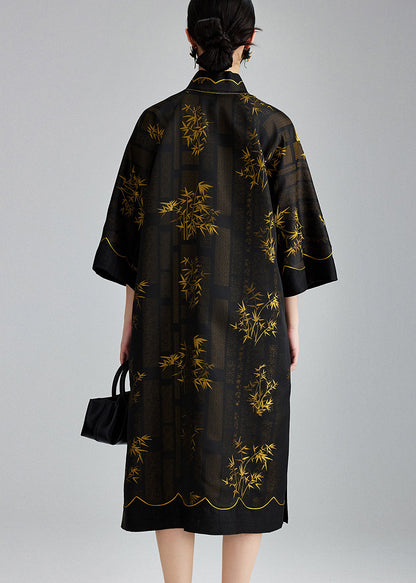 Vintage Black Mandarin Collar Print Silk Dresses Summer