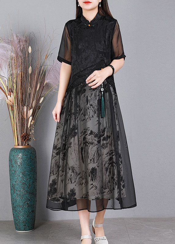 Vintage Black Mandarin Collar Print Tulle Patchwork Silk Long Dresses Short Sleeve