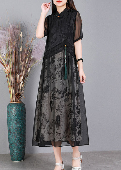 Vintage Black Mandarin Collar Print Tulle Patchwork Silk Long Dresses Short Sleeve