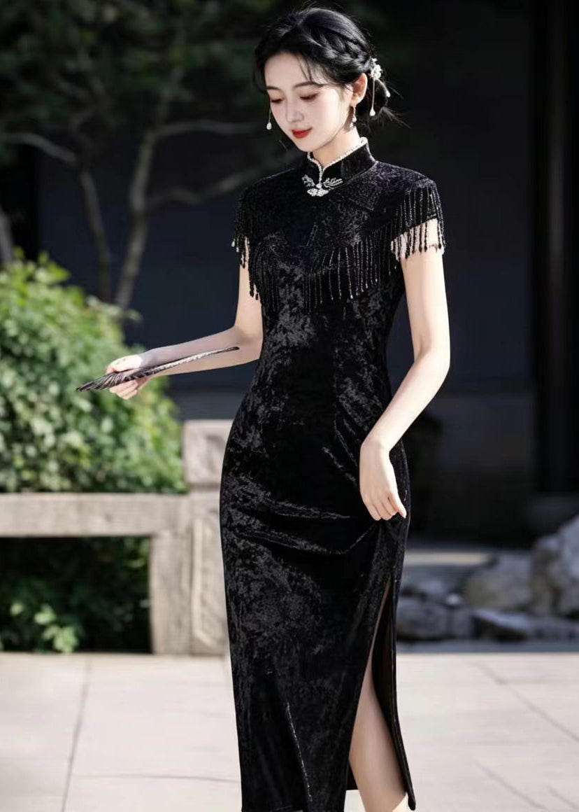 Vintage Black Mandarin Collar Side Open Dress Short Sleeve Two Piece Set