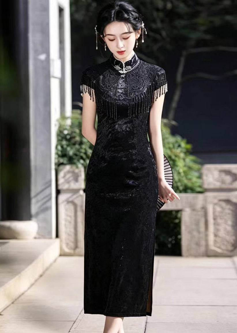 Vintage Black Mandarin Collar Side Open Dress Short Sleeve Two Piece Set