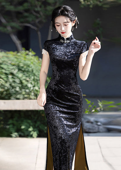 Vintage Black Mandarin Collar Side Open Dress Short Sleeve Two Piece Set
