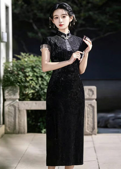 Vintage Black Mandarin Collar Side Open Dress Short Sleeve Two Piece Set