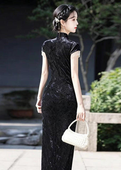 Vintage Black Mandarin Collar Side Open Dress Short Sleeve Two Piece Set