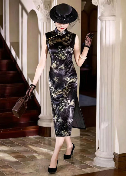 Vintage Black Mandarin Collar Side Open Holiday Dress Sleeveless