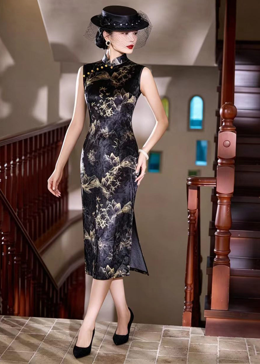 Vintage Black Mandarin Collar Side Open Holiday Dress Sleeveless