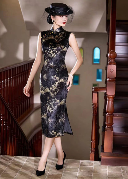 Vintage Black Mandarin Collar Side Open Holiday Dress Sleeveless