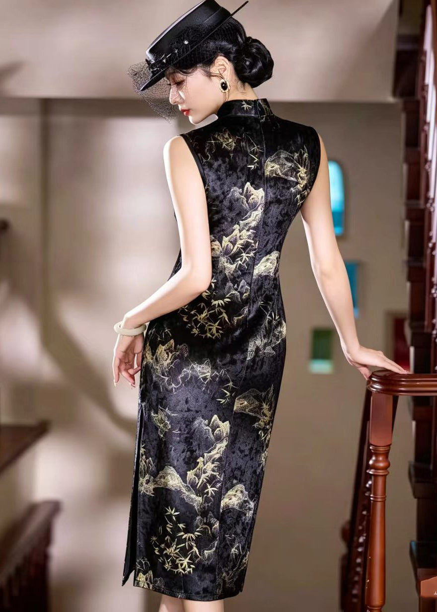 Vintage Black Mandarin Collar Side Open Holiday Dress Sleeveless