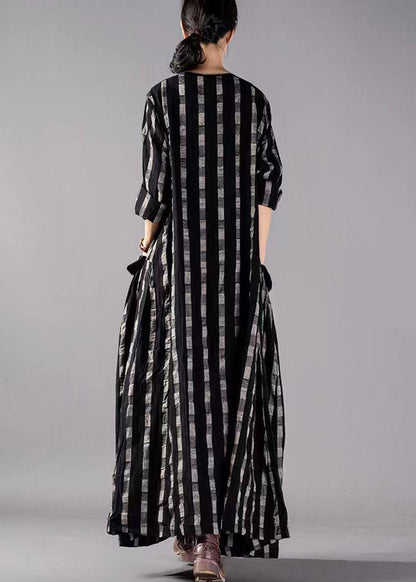 Vintage Black O-Neck Plaid Print Cotton Long Dresses Long Sleeve