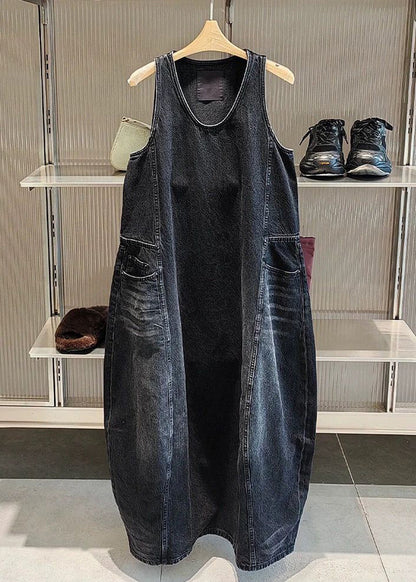 Vintage Black Original Design Pockets Long Dress Sleeveless