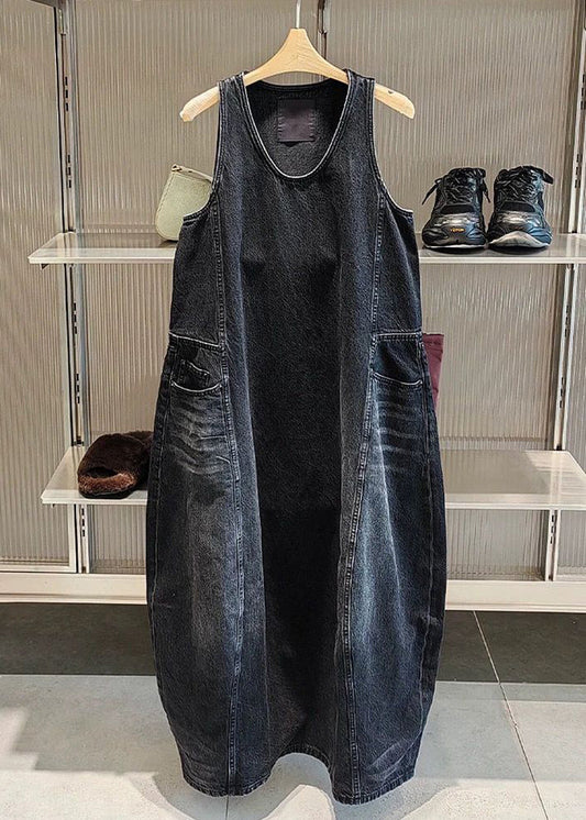 Vintage Black Original Design Pockets Long Dress Sleeveless