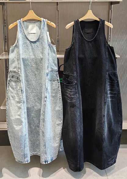 Vintage Black Original Design Pockets Long Dress Sleeveless