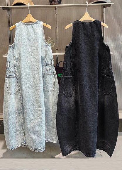 Vintage Black Original Design Pockets Long Dress Sleeveless