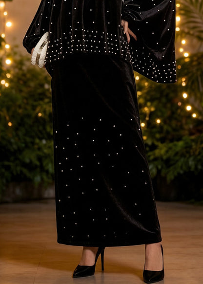 Vintage Black Oversized Nail Bead Silk Velvet Two Piece Set Women Clothing Spring