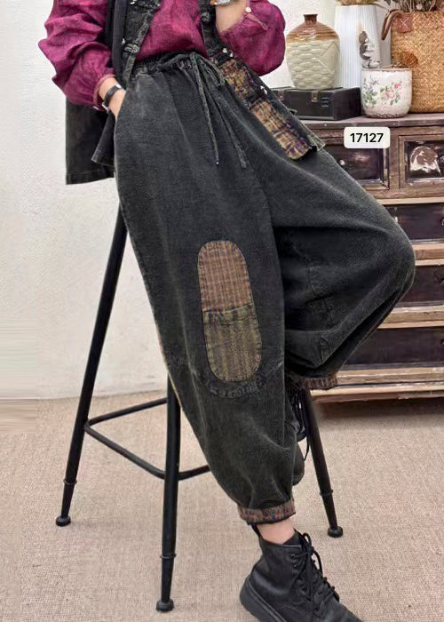 Vintage Black Oversized Patchwork Applique Linen Harem Pants Spring