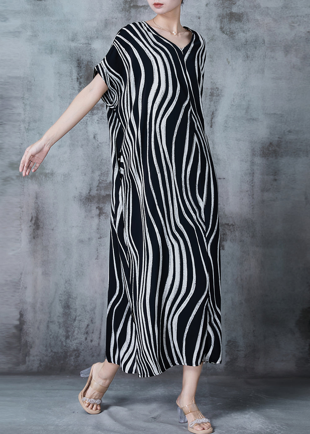 Vintage Black Oversized Striped Chiffon Dress Summer