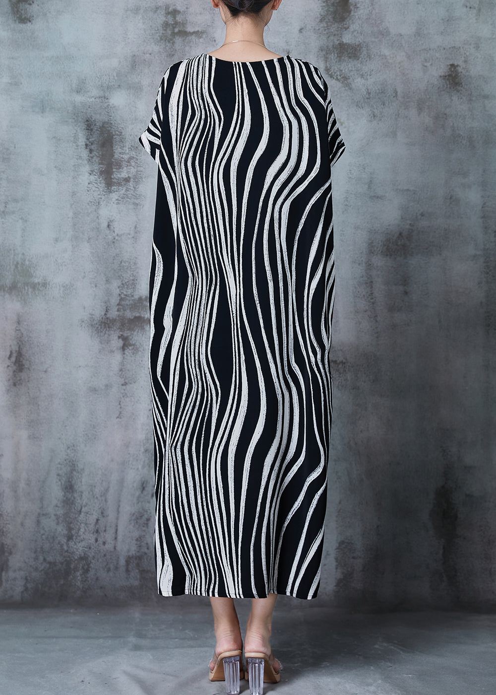 Vintage Black Oversized Striped Chiffon Dress Summer