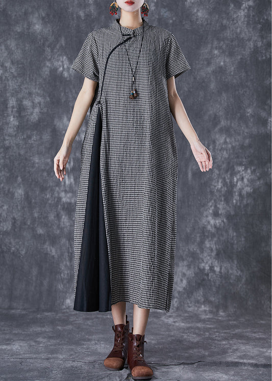 Vintage Black Plaid Patchwork Linen Cheongsam Dresses Summer