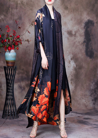 Vintage Black Print Bow Collar Side Open Silk Long Cardigan Long Sleeve