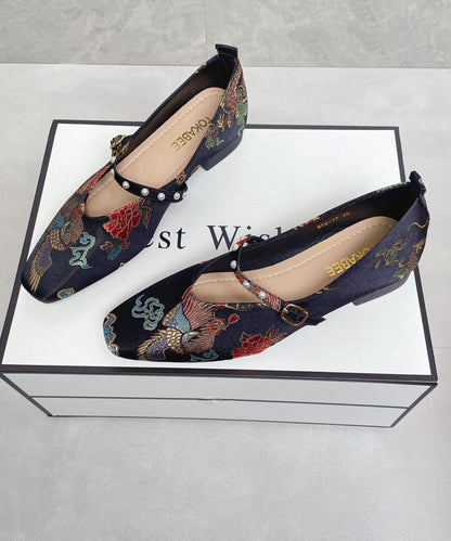 Vintage Black Print Buckle Strap Splicing Chunky Flat Shoes