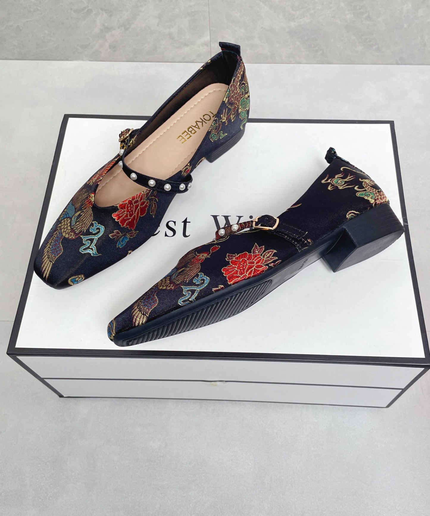 Vintage Black Print Buckle Strap Splicing Chunky Flat Shoes