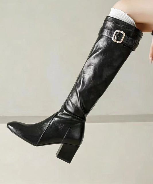 Vintage Black Round Toe Faux Leather Chunky Riding Boots