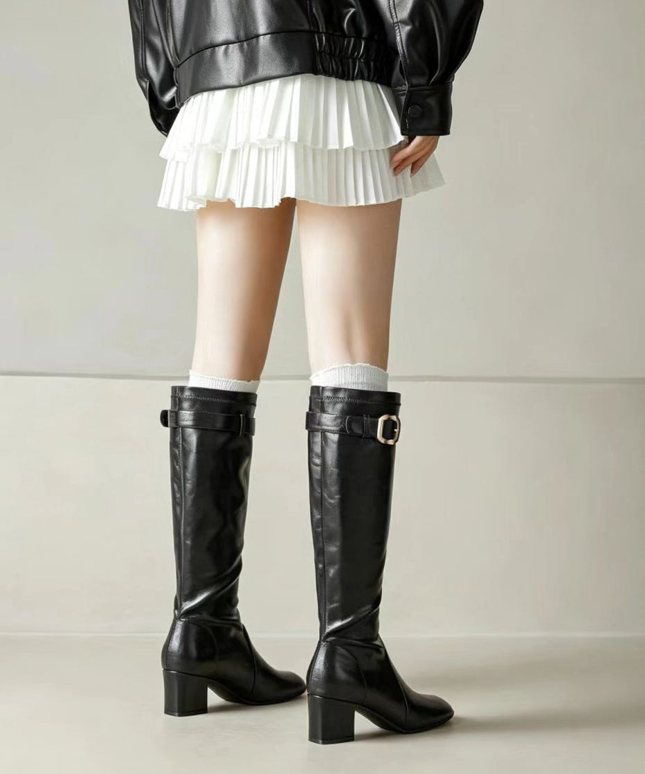 Vintage Black Round Toe Faux Leather Chunky Riding Boots