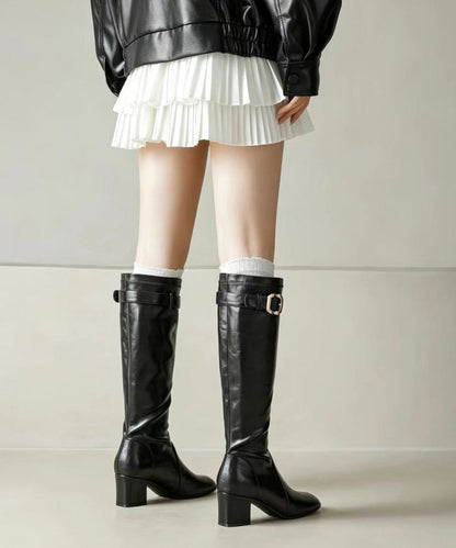Vintage Black Round Toe Faux Leather Chunky Riding Boots