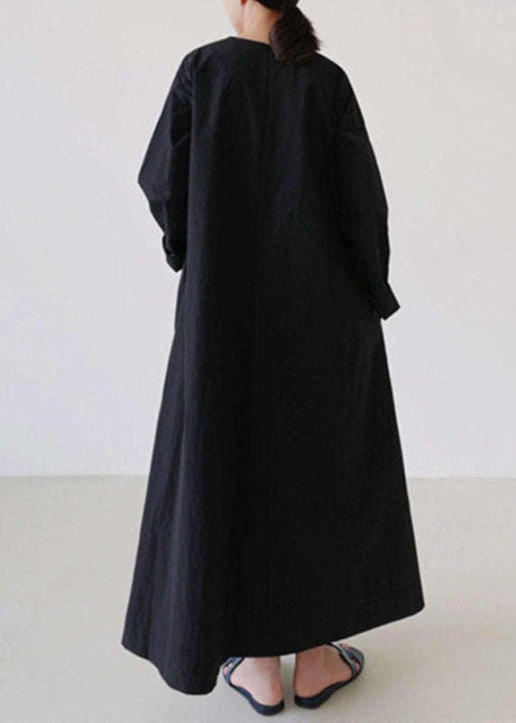 Vintage Black Square Collar Cozy Linen Maxi Dress Long Sleeve