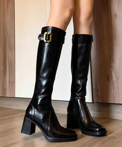 Vintage Black Square Toe Buckle Strap Cowhide Leather Chunky Knee Boots