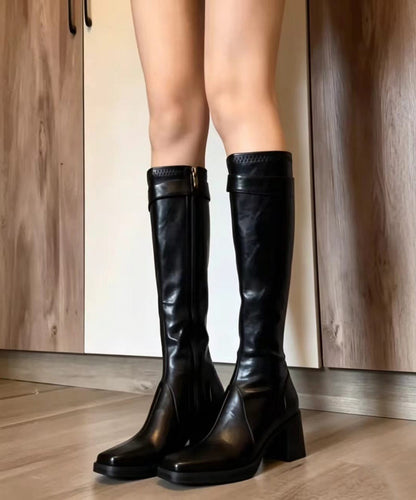 Vintage Black Square Toe Buckle Strap Cowhide Leather Chunky Knee Boots