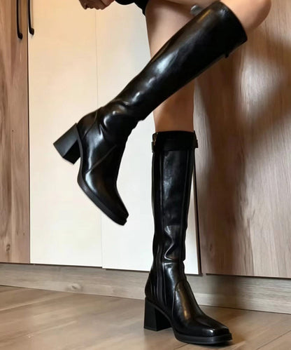 Vintage Black Square Toe Buckle Strap Cowhide Leather Chunky Knee Boots