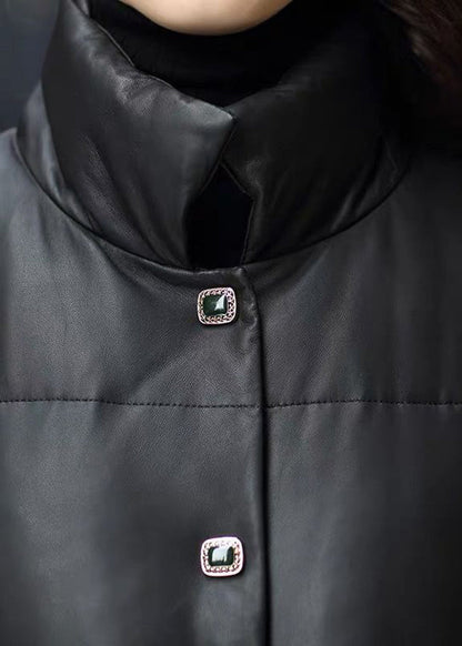 Vintage Black Stand Collar Drawstring Sheepskin Duck Down Filled Jacket Winter