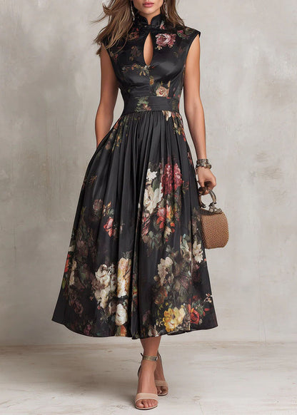 Vintage Black Stand Collar Print Pockets Cotton Dress Summer