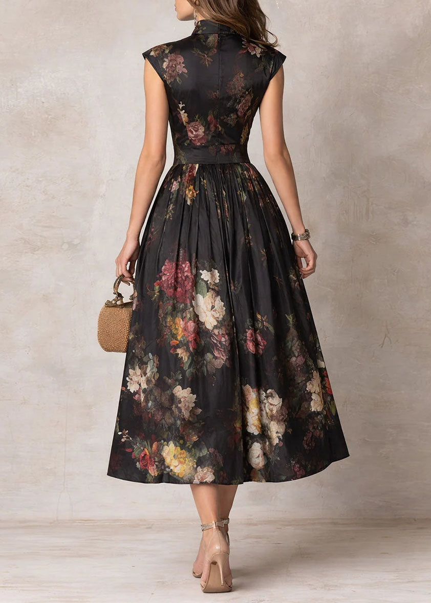 Vintage Black Stand Collar Print Pockets Cotton Dress Summer