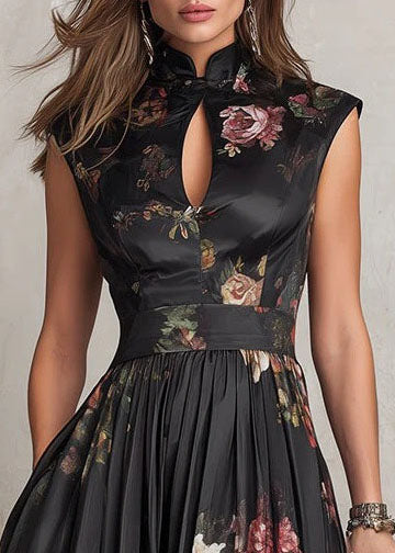 Vintage Black Stand Collar Print Pockets Cotton Dress Summer