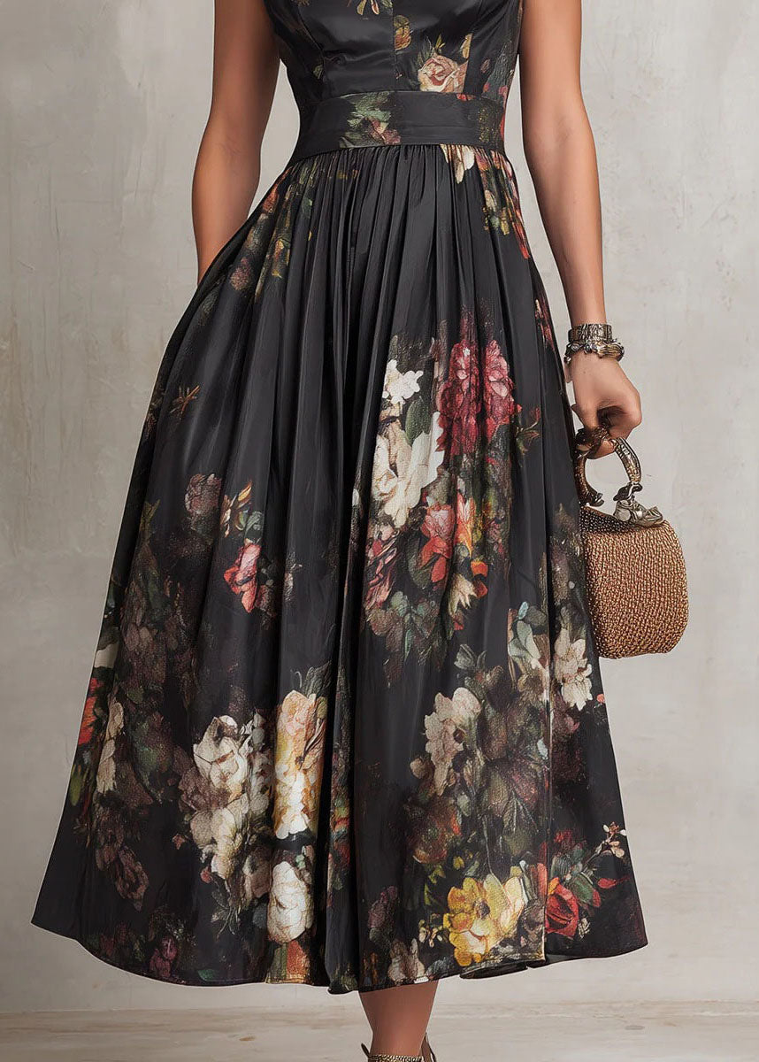 Vintage Black Stand Collar Print Pockets Cotton Dress Summer