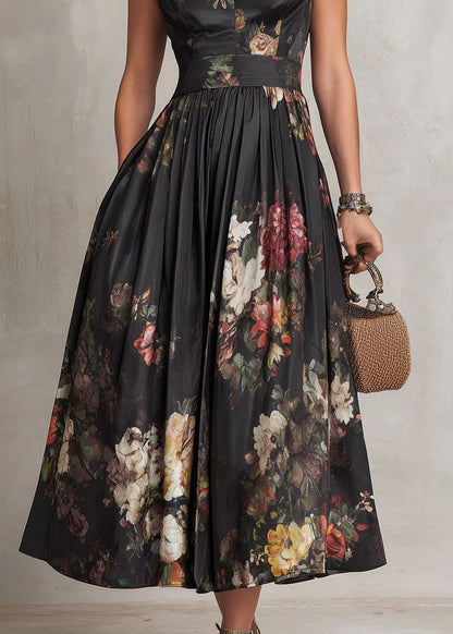 Vintage Black Stand Collar Print Pockets Cotton Dress Summer